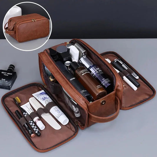 Trousse homme marron XL ouverte multiples compartiments organisés