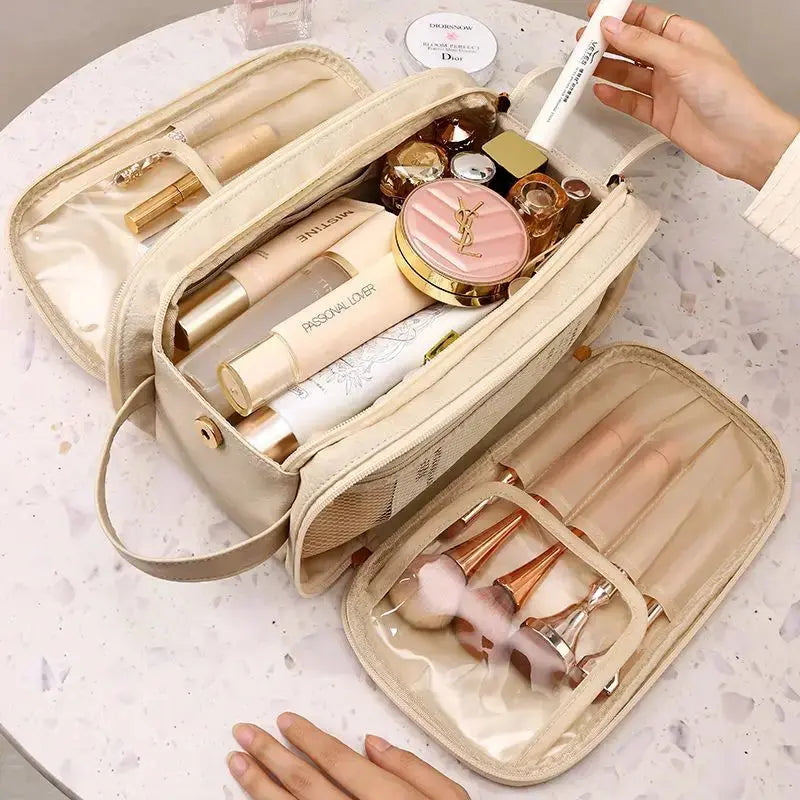Multifunctional Makeup Bag For Women PU Leather Large Capacity Portable Double Zipper Travel Makeup Brush Toiletries Storage Bag TroussesToilette