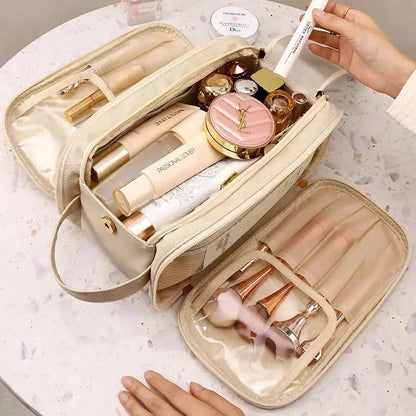 Multifunctional Makeup Bag For Women PU Leather Large Capacity Portable Double Zipper Travel Makeup Brush Toiletries Storage Bag TroussesToilette