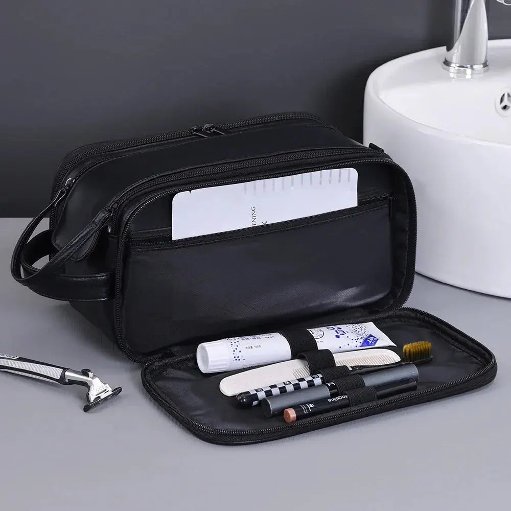 Trousse toilette homme noire – grand format cuir PU – voyage & salle de bain - TroussesToilette