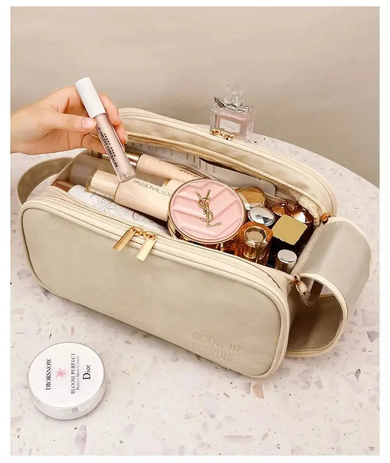 Multifunctional Makeup Bag For Women PU Leather Large Capacity Portable Double Zipper Travel Makeup Brush Toiletries Storage Bag TroussesToilette