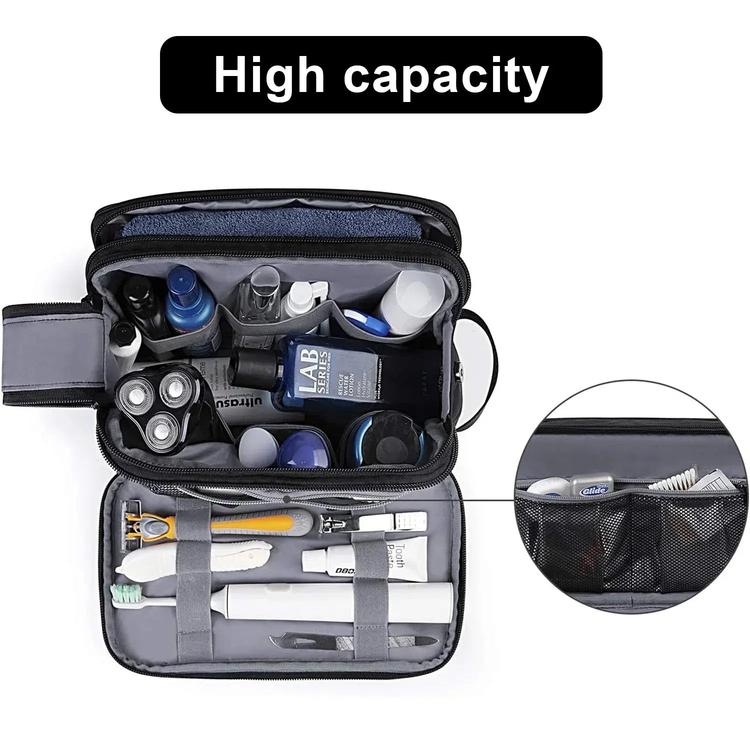 Détail compartiments trousse toilette homme noire rasage