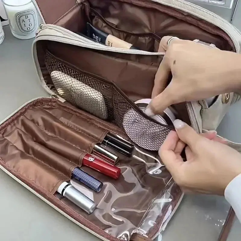 Multifunctional Makeup Bag For Women PU Leather Large Capacity Portable Double Zipper Travel Makeup Brush Toiletries Storage Bag TroussesToilette