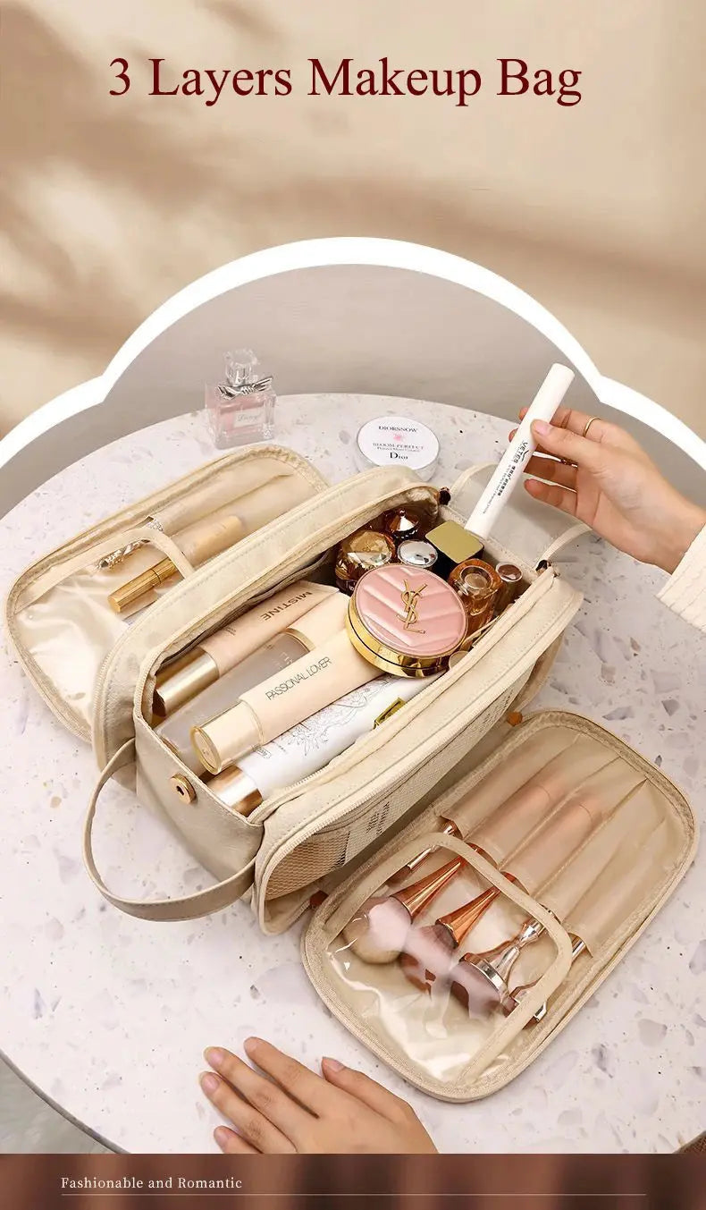 Multifunctional Makeup Bag For Women PU Leather Large Capacity Portable Double Zipper Travel Makeup Brush Toiletries Storage Bag TroussesToilette