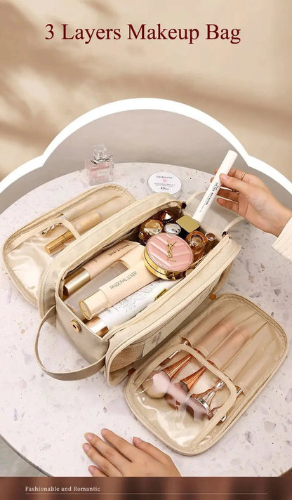 Multifunctional Makeup Bag For Women PU Leather Large Capacity Portable Double Zipper Travel Makeup Brush Toiletries Storage Bag TroussesToilette