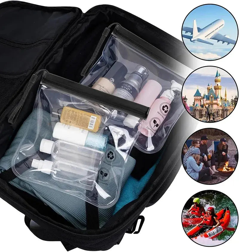 Trousse transparente avion avec produits de toilette rangés
