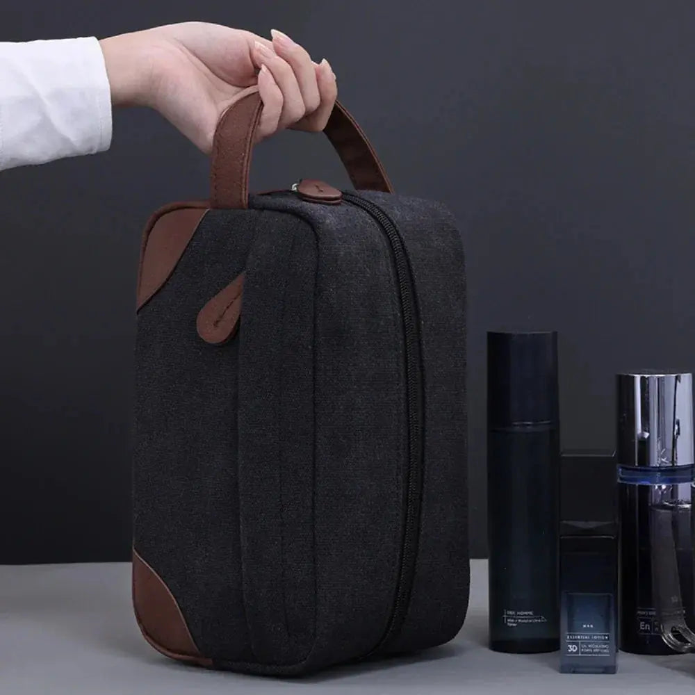 Trousse toilette homme noire toile & cuir – Grand format TroussesToilette
