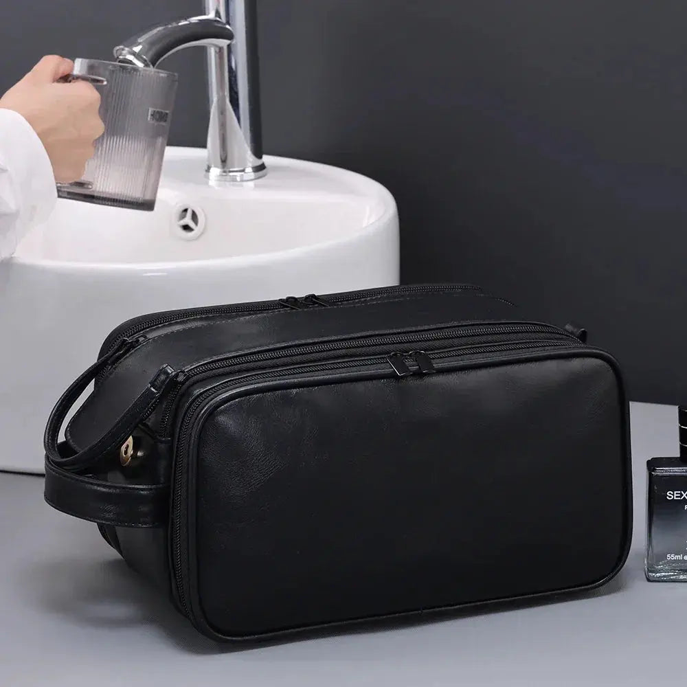 Trousse toilette homme noire – grand format cuir PU – voyage & salle de bain - TroussesToilette