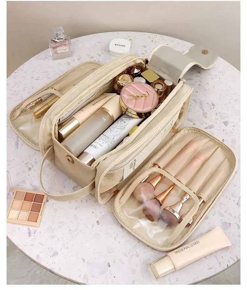 Multifunctional Makeup Bag For Women PU Leather Large Capacity Portable Double Zipper Travel Makeup Brush Toiletries Storage Bag TroussesToilette