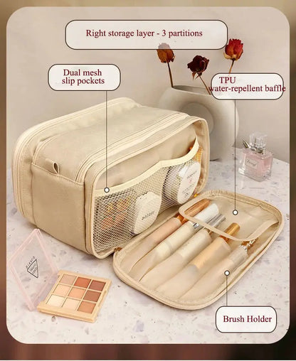 Multifunctional Makeup Bag For Women PU Leather Large Capacity Portable Double Zipper Travel Makeup Brush Toiletries Storage Bag TroussesToilette