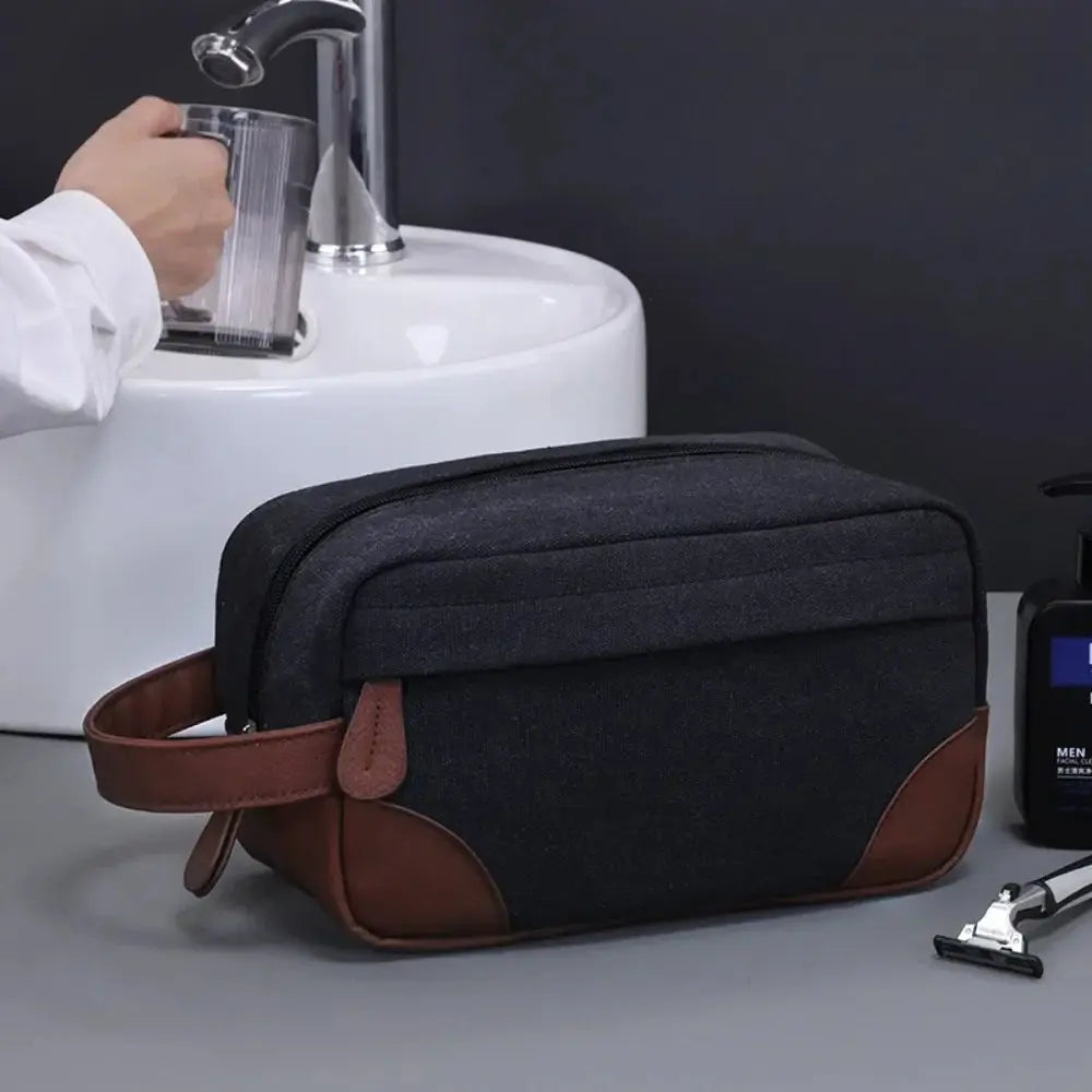 Trousse toilette homme noire toile & cuir – Grand format TroussesToilette