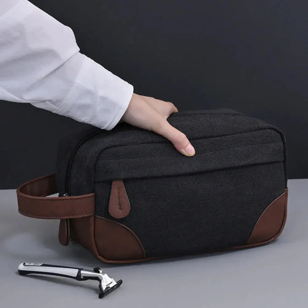Trousse toilette homme noire toile & cuir – Grand format TroussesToilette